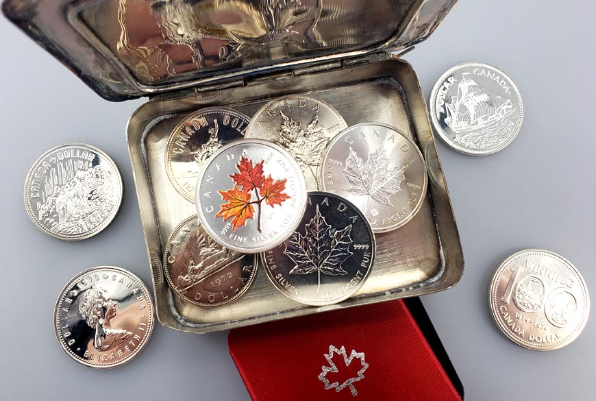 Silver coins like the Maple Leaf or the Canadian Silver Dollar are minted by the Royal Canadian Mint.